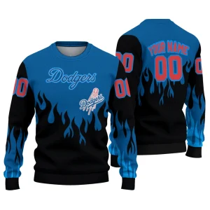 Personalized Los Angeles Dodgers Flame Outline Ugly Sweater