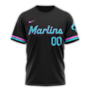 Custom Miami Marlins Black All Over Print T-Shirt - Alternate Concept Design