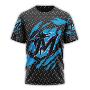 Custom Miami Marlins Black Metal All Over Print T-Shirt For Fans