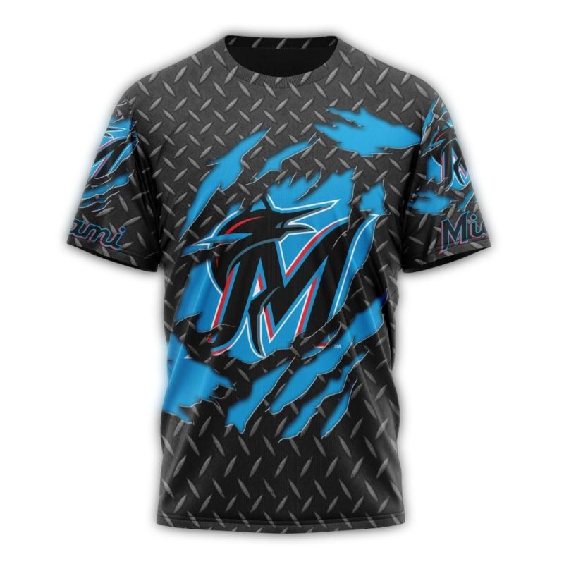 Personalized Miami Marlins Black Metal AOP T Shirt 1