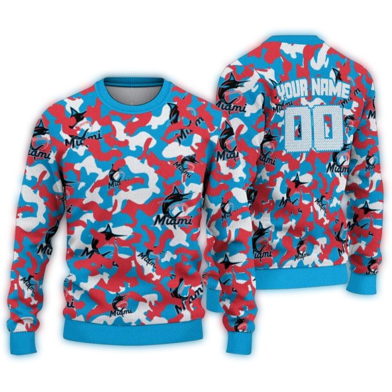 Personalized Miami Marlins Camouflage Motif Ugly Sweater 1
