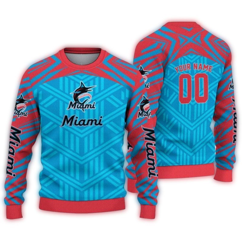 Personalized Miami Marlins Chevron Pattern Ugly Sweater 1