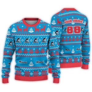 Personalized Miami Marlins Christmas Ugly Sweater With Deer And Tree Design
