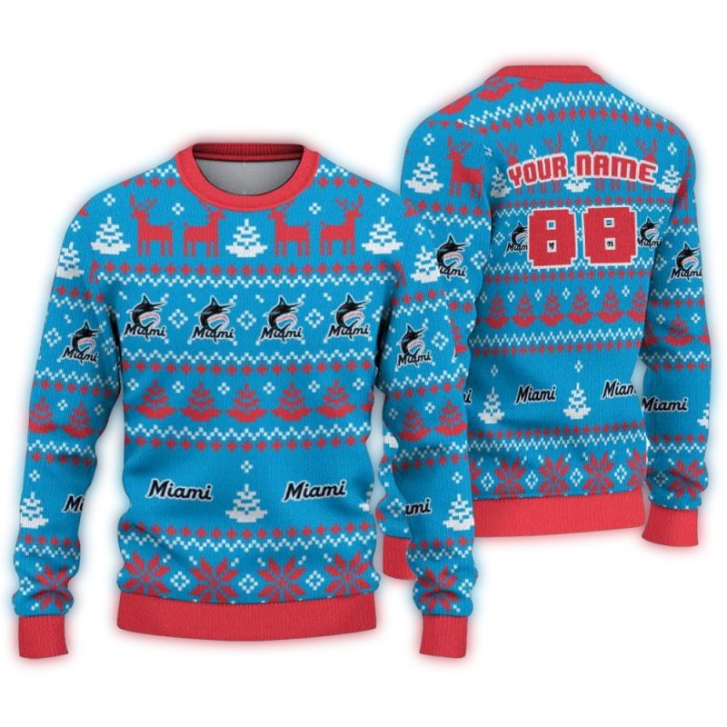 Personalized Miami Marlins Deer and Tree Pattern Christmas Ugly Sweater 1