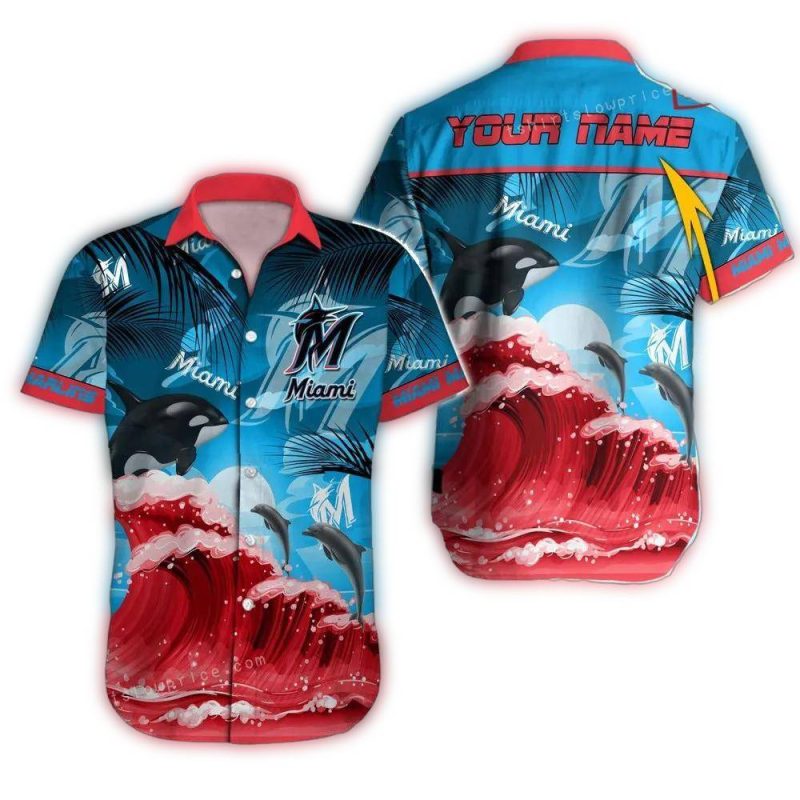 Personalized Miami Marlins Dolphin Wave Beach Tropical Hawaiian Shirt 1