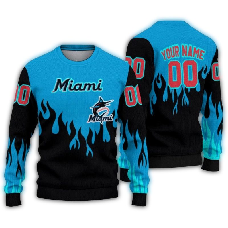 Personalized Miami Marlins Flame Outline Ugly Sweater 1