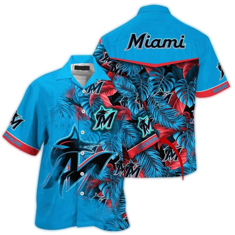 Personalized Miami Marlins Floral Leafs Pattern Hawaiian Shirt 1