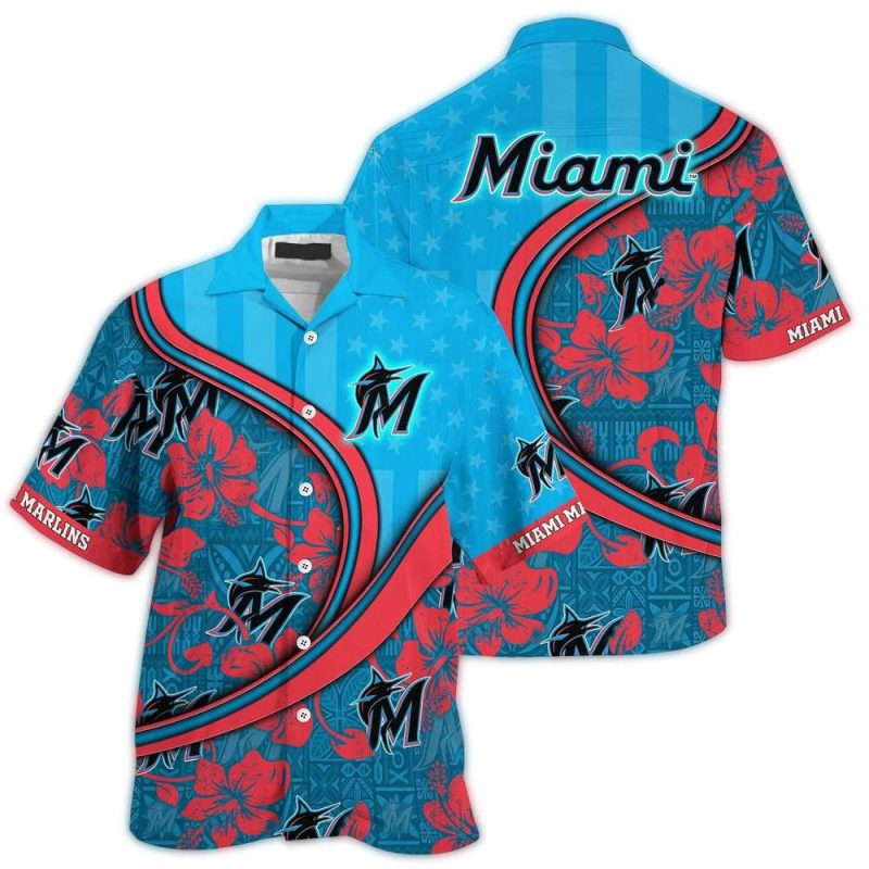 Personalized Miami Marlins Flower and Flag US Hawaiian Shirt 1