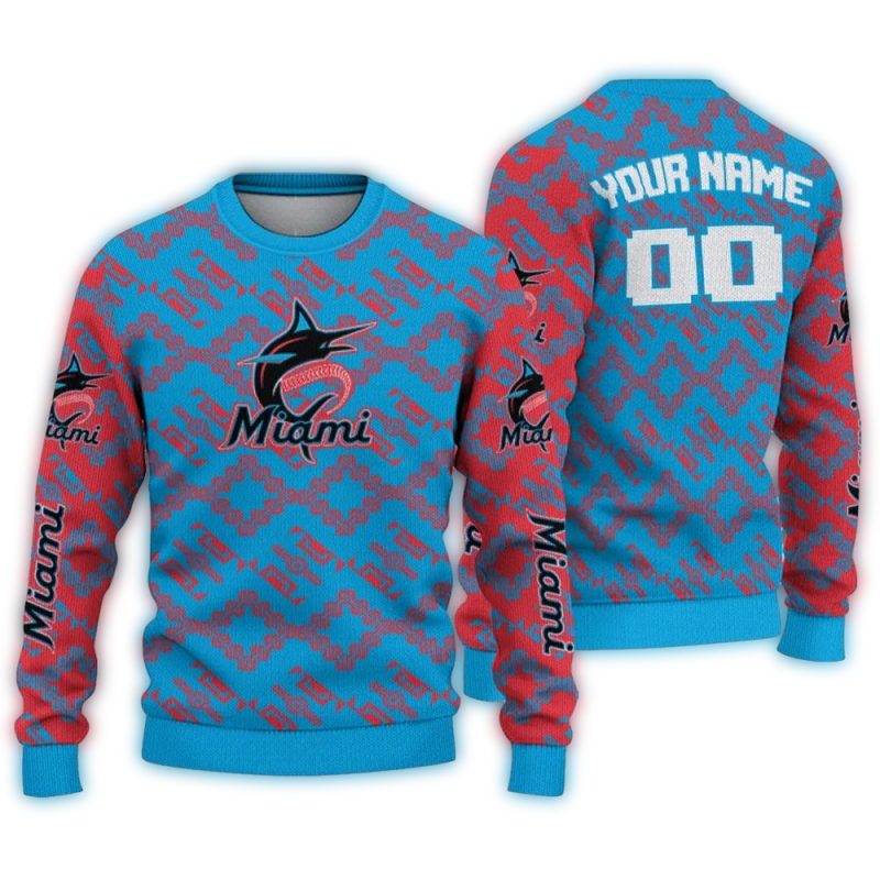 Personalized Miami Marlins Lattice Gridwork Ugly Sweater 1