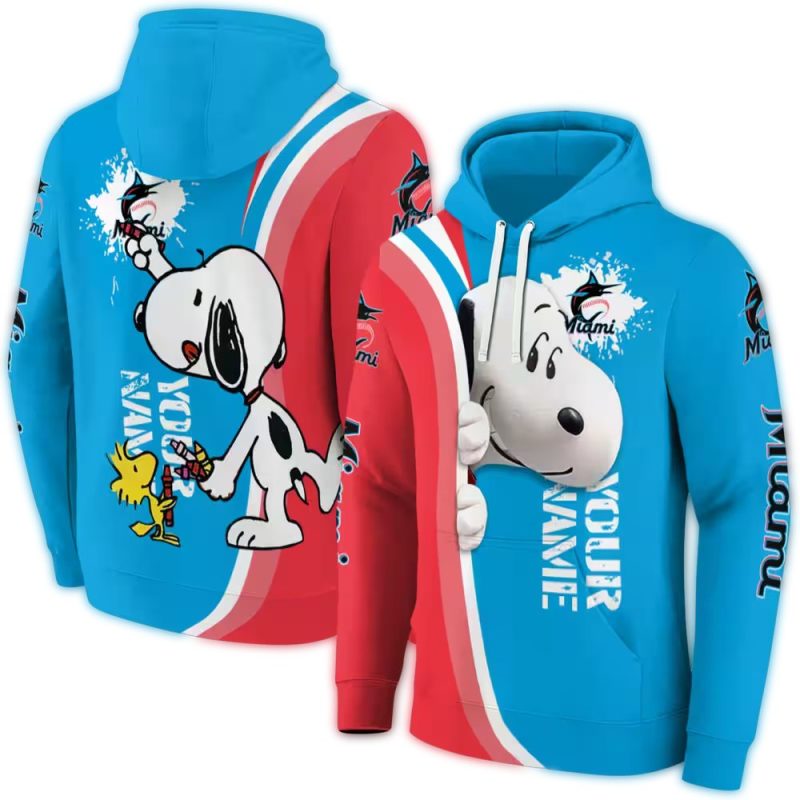 Personalized Miami Marlins Peeking Snoopy AOP Hoodie 1