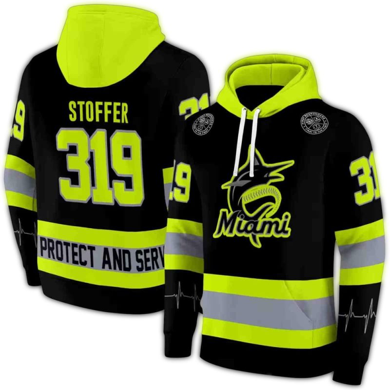 Personalized Miami Marlins Safety Motif Black Neon Green AOP Hoodie 1