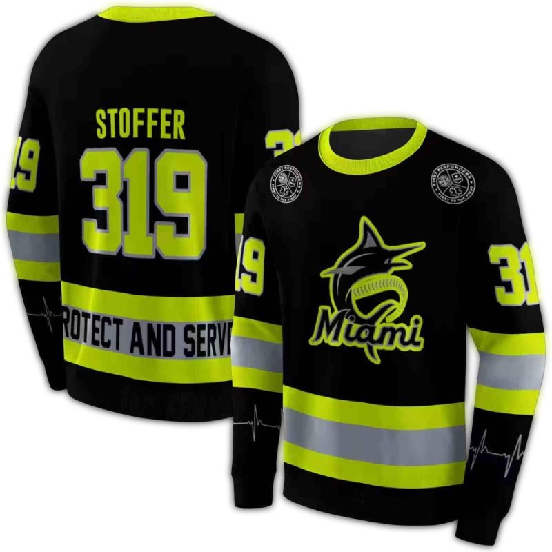 Personalized Miami Marlins Safety Motif Black Neon Green AOP Sweatshirt 1