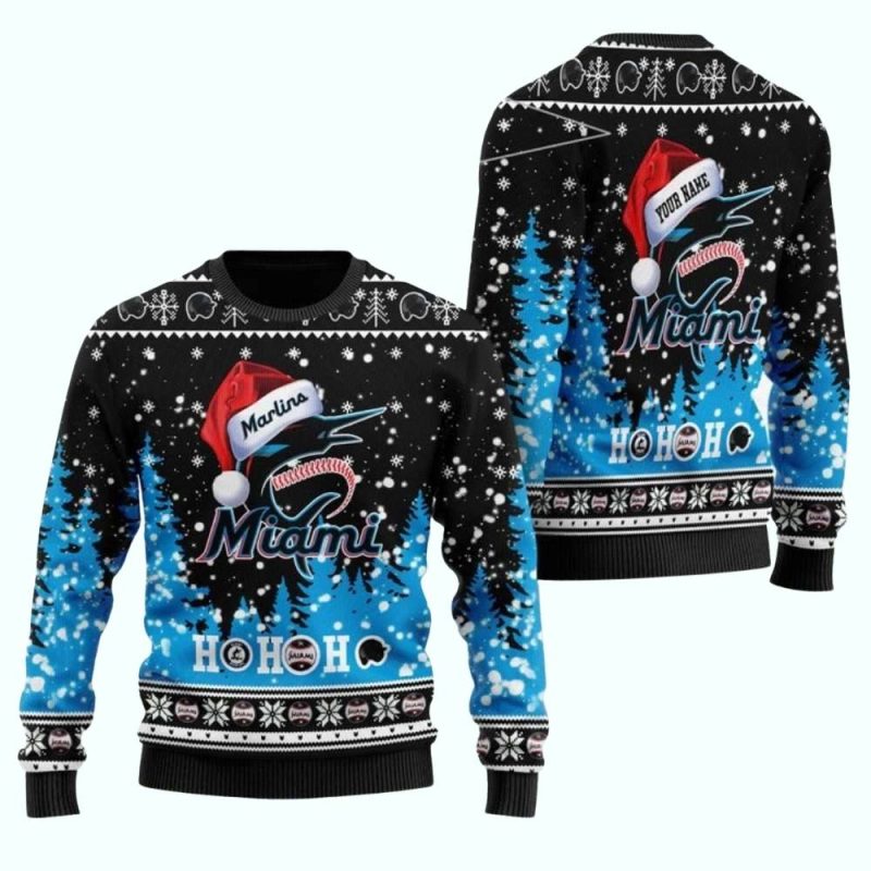 Personalized Miami Marlins Santa Hat Ho Ho Ho Christmas Ugly Sweater 1