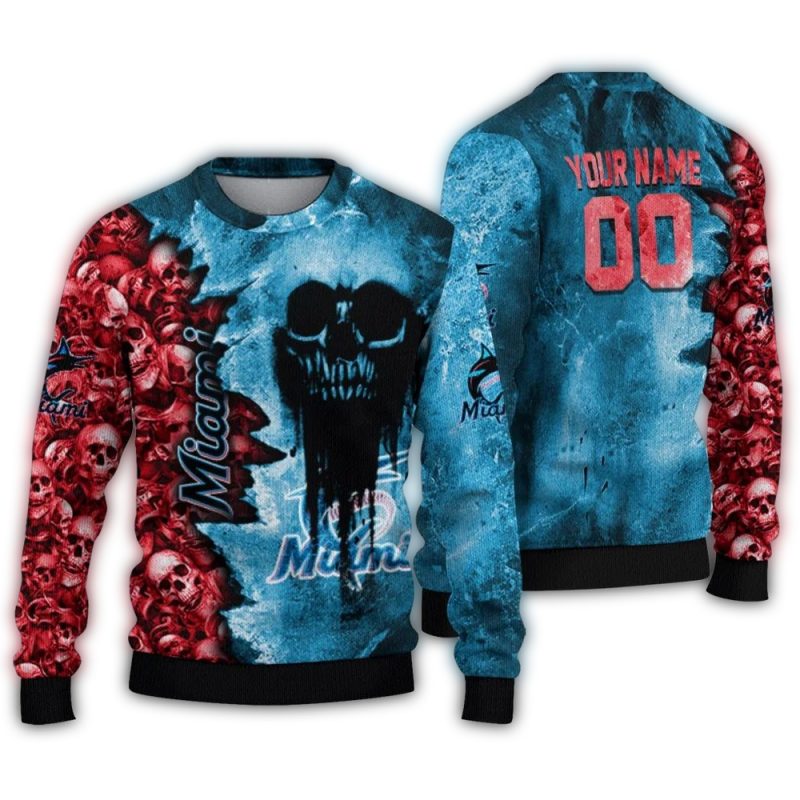 Personalized Miami Marlins Skull Collage Ugly Sweater 1