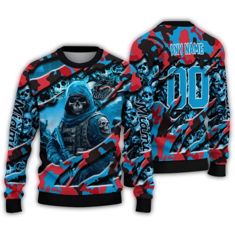 Personalized Miami Marlins Skull Horde Ugly Sweater 1