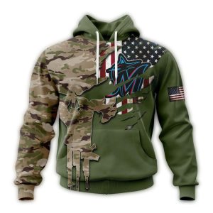 Custom Miami Marlins Skull Camo Hoodie For Veterans Day - All Over Print