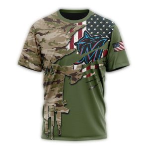 Custom Miami Marlins Skull Punisher Camo Veterans Day T-Shirt