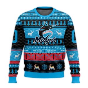 Personalized Miami Marlins Christmas Ugly Sweater With Snow Pattern