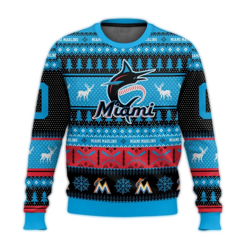 Personalized Miami Marlins Snow Pattern Christmas Ugly Sweater 1
