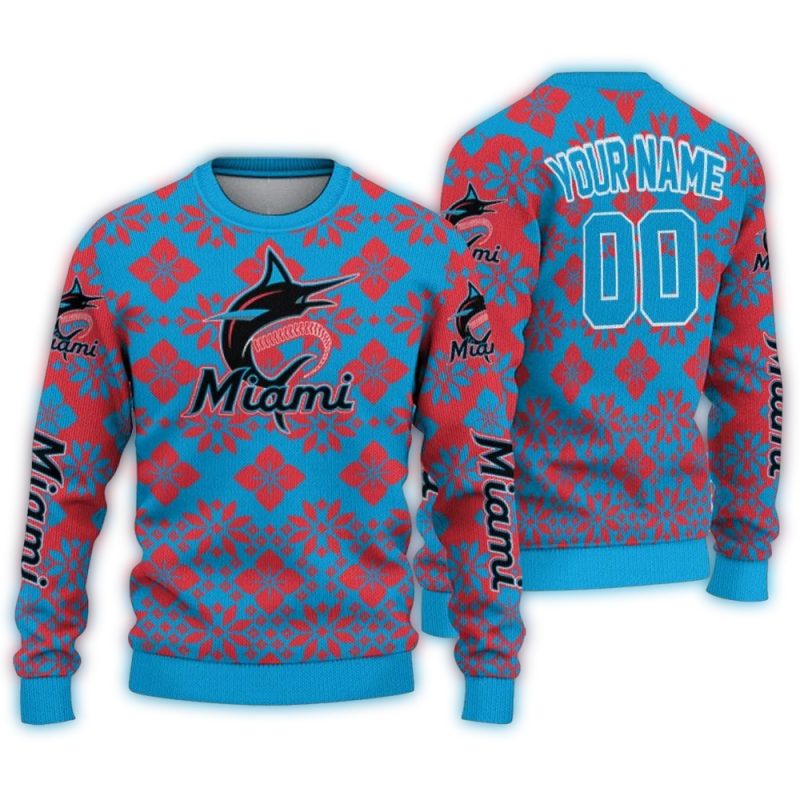 Personalized Miami Marlins Snowflake Matrix Ugly Sweater 1