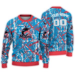 Personalized Miami Marlins Ugly Sweater With Streak Overlay Design