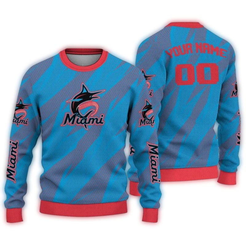Personalized Miami Marlins Stripe Motion Ugly Sweater 1