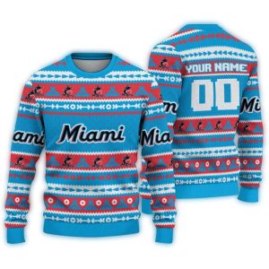 Custom Miami Marlins Tent Stripes Ugly Christmas Sweater