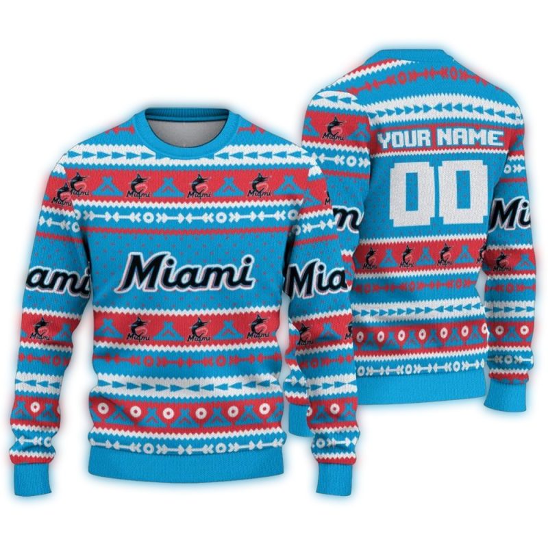 Personalized Miami Marlins Tent Stripes Ugly Sweater 1