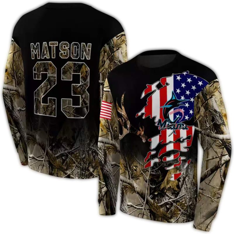 Personalized Miami Marlins Tree Camo Flag American AOP Sweatshirt 1