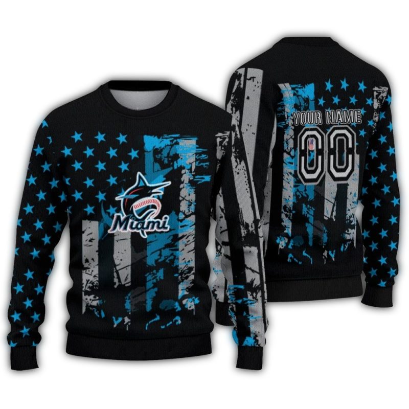 Personalized Miami Marlins Vintage USA Flag Ugly Sweater 1