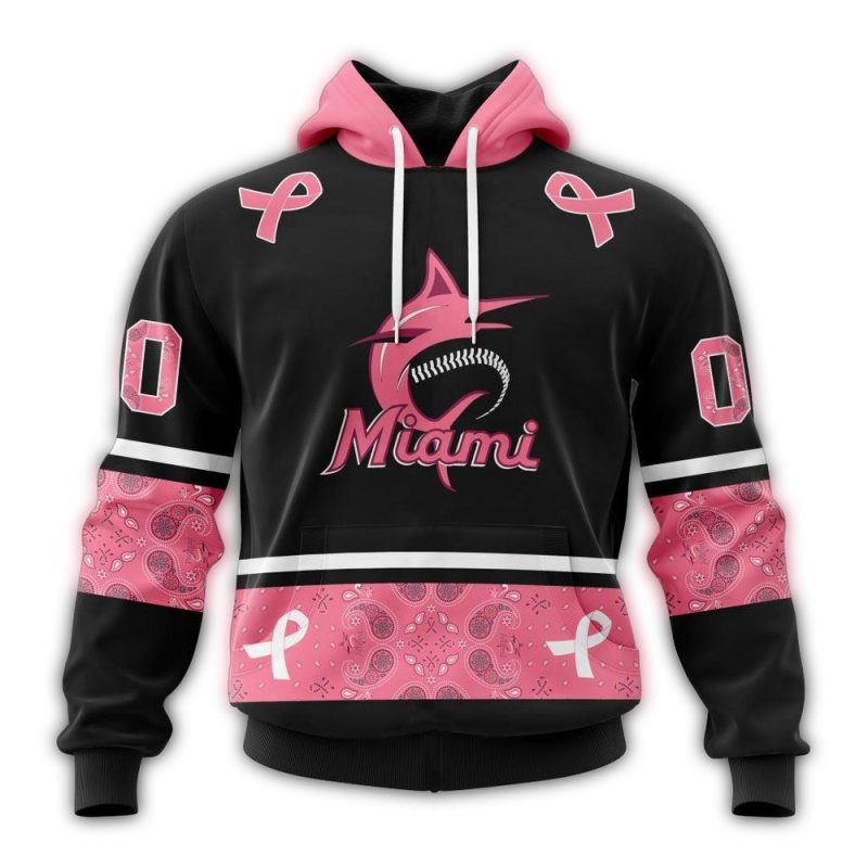 Personalized Miami Marlins We Wear Pink Breast Cancer AOP Hoodie 1
