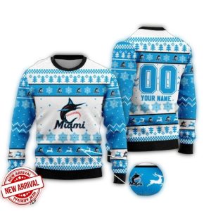 Personalized Miami Marlins Snowflake Ugly Sweater In White & Blue