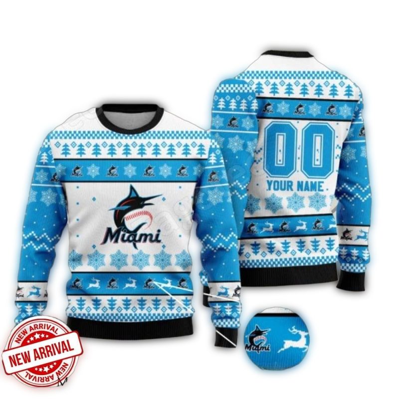 Personalized Miami Marlins White And Blue Snowflakes Ugly Sweater 1
