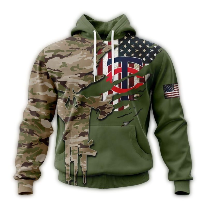 Personalized Minnesota Twins Camo Punisher Skull For Veteran Day AOP Hoodie 1