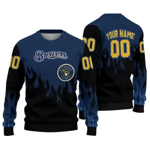 Personalized Milwaukee Brewers Flame Outline Ugly Sweater