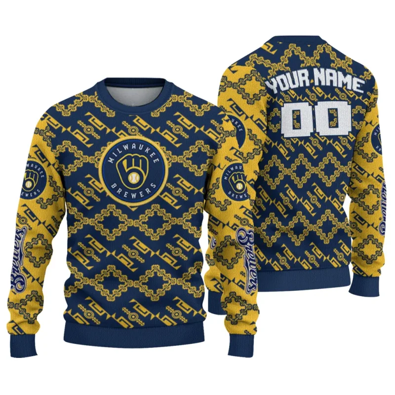 Personalized Miwaukee Brewers Lattice Gridwork Ugly Sweater 1