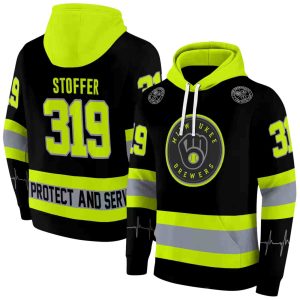 Personalized Milwaukee Brewers Safety Motif Black Neon Green All Over Print Hoodie