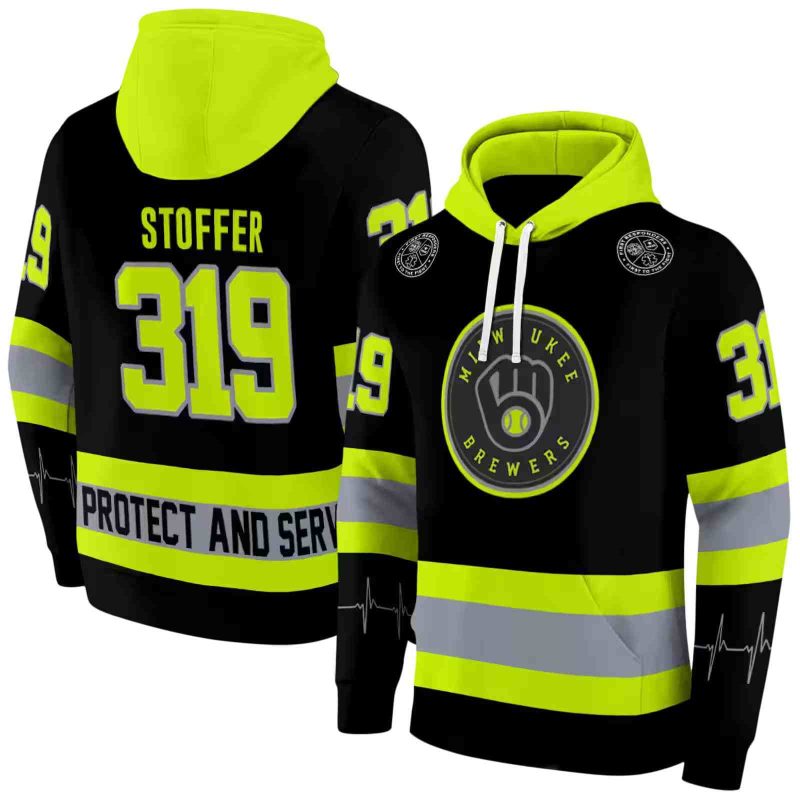 Personalized Miwaukee Brewers Safety Motif Black Neon Green AOP Hoodie 1