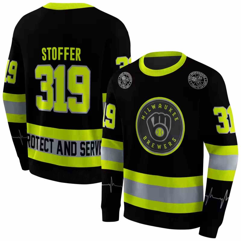 Personalized Miwaukee Brewers Safety Motif Black Neon Green AOP Sweatshirt 1