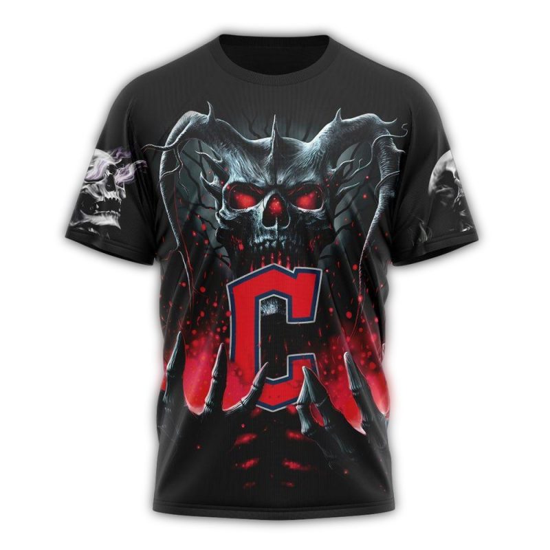 Personalized Name and Number Cleveland Guardians Skull Halloween AOP T Shirt 1