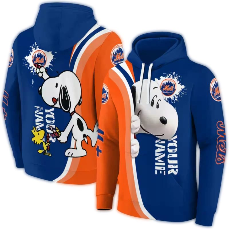 Personalized New York Mets Peeking Snoopy and Woodstock All over Print Hoodie 1