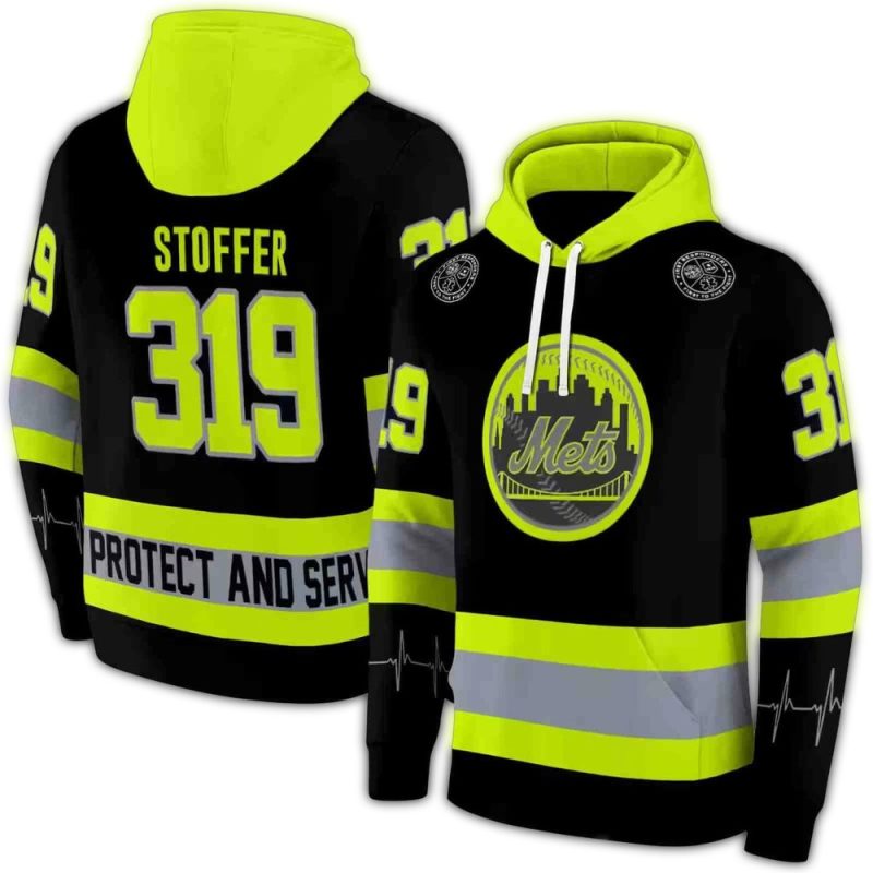 Personalized New York Mets Safety Motif Black Neon Green All over Print Hoodie 1