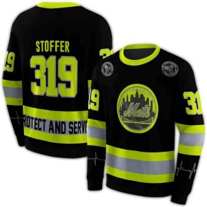 Custom New York Mets Safety Motif Black & Neon Green Sweatshirt