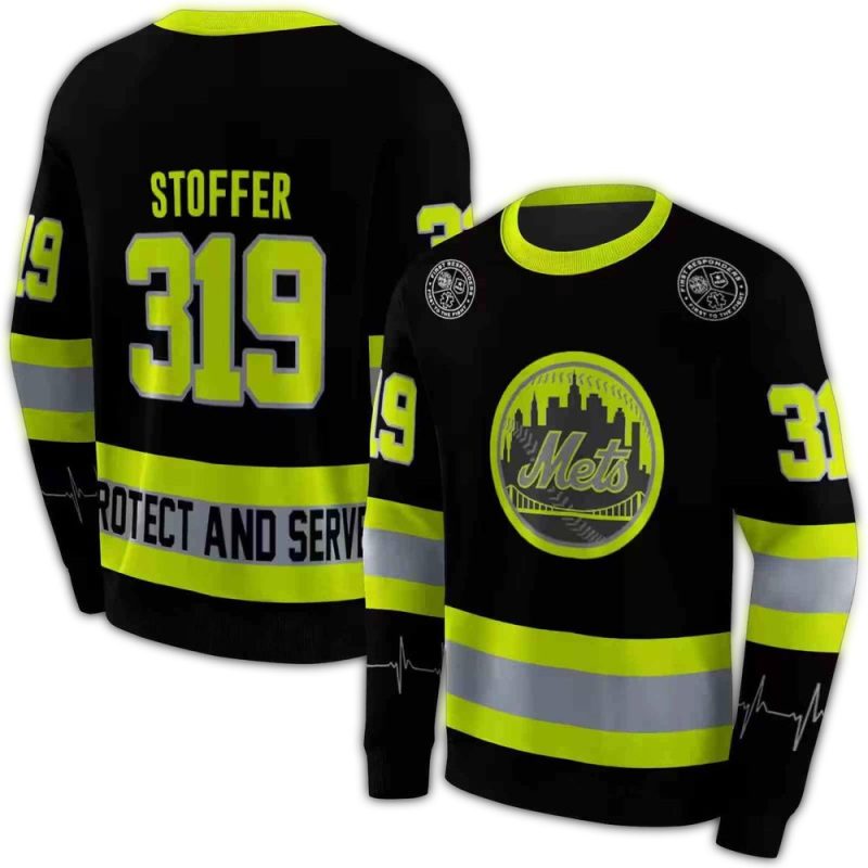 Personalized New York Mets Safety Motif Black Neon Green All over Print Sweatshirt 1
