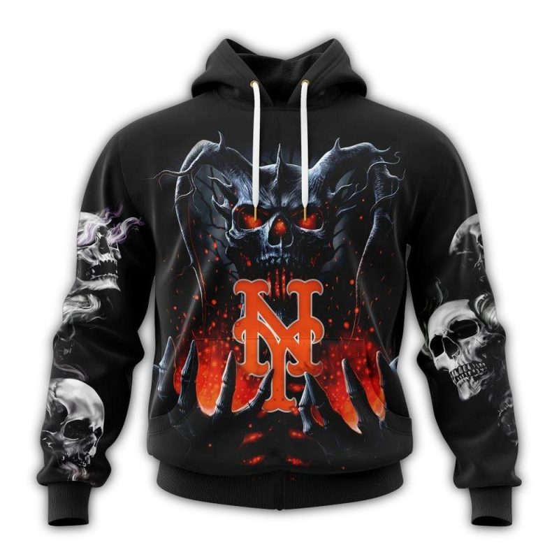 Personalized New York Mets Skull All over Print Hoodie 1