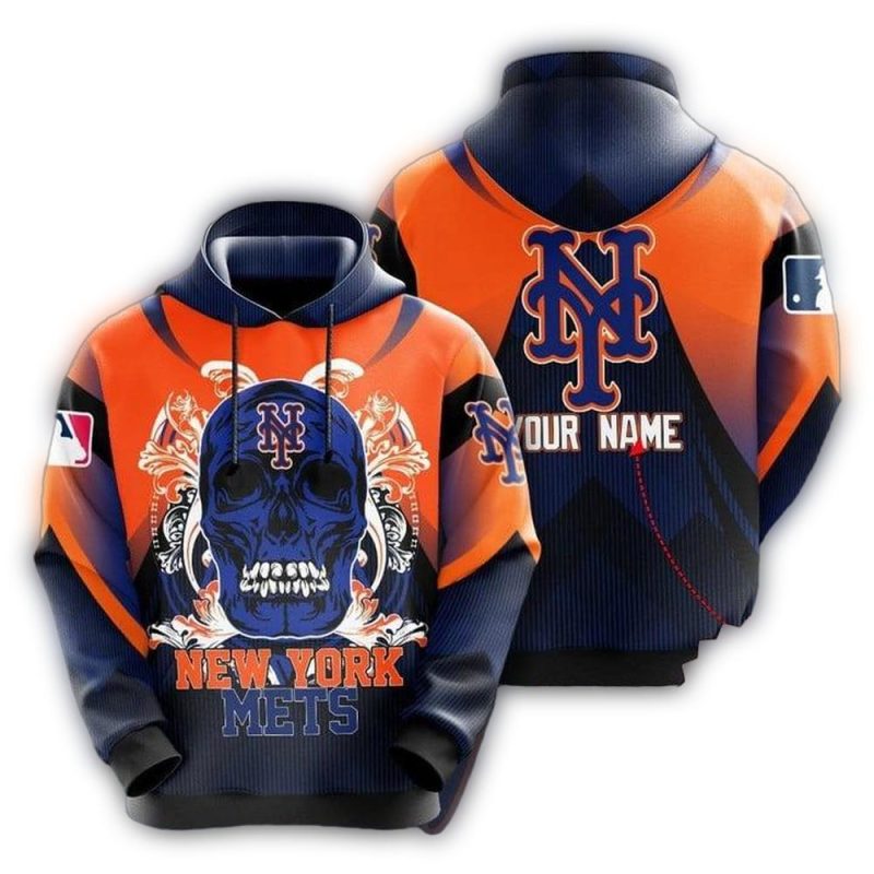 Personalized New York Mets Skull Art Baseball All over Print Hoodie 1