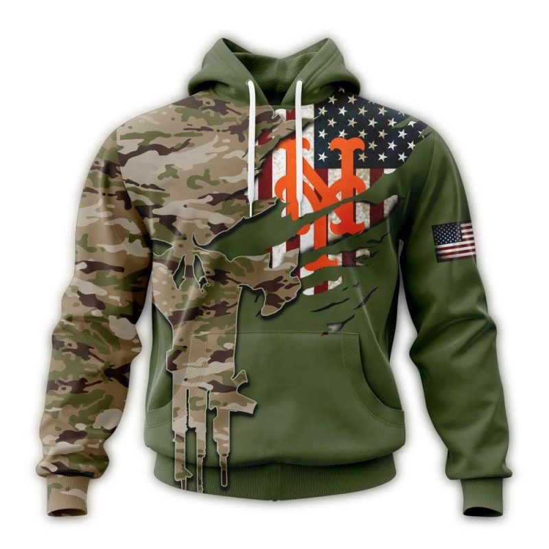 Personalized New York Mets Skull Punisher Camo For Veteran Day All over Print Hoodie 1