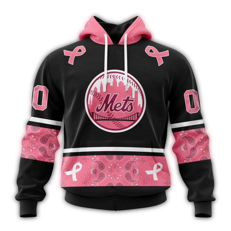 Personalized New York Mets We Wear Pink Breast Cancer All over Print Hoodie 1