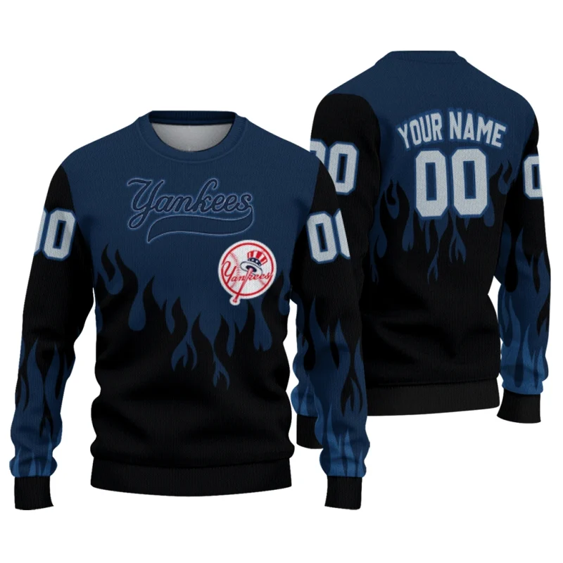 Personalized New York Yankees Flame Outline Ugly Sweater 1
