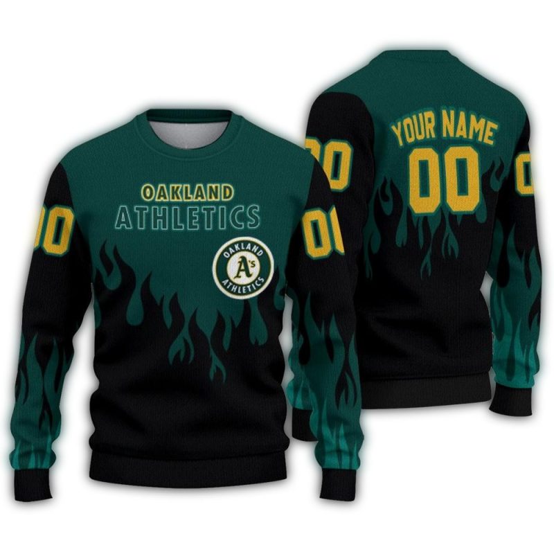 Personalized Oakland Athletics Flame Outline Ugly Sweater 1